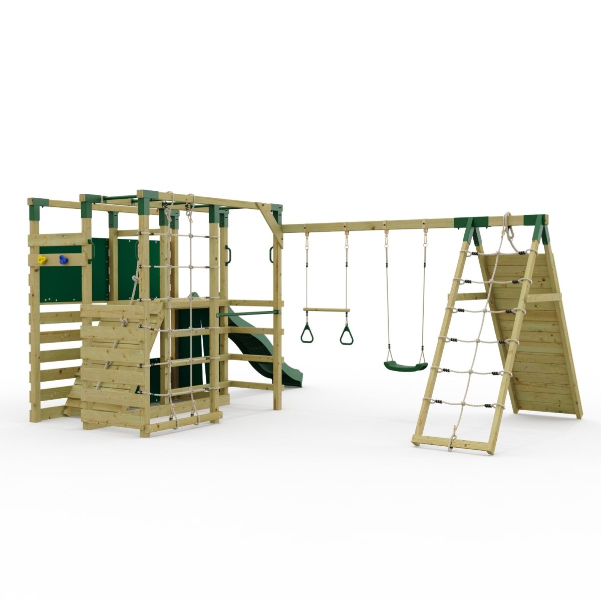 NinjaPlay Climbing Frame Double Swing Set with Climbing Wall and Slide