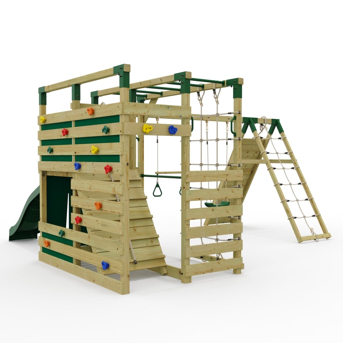 NinjaPlay Climbing Frame Double Swing Set with Climbing Wall and Slide