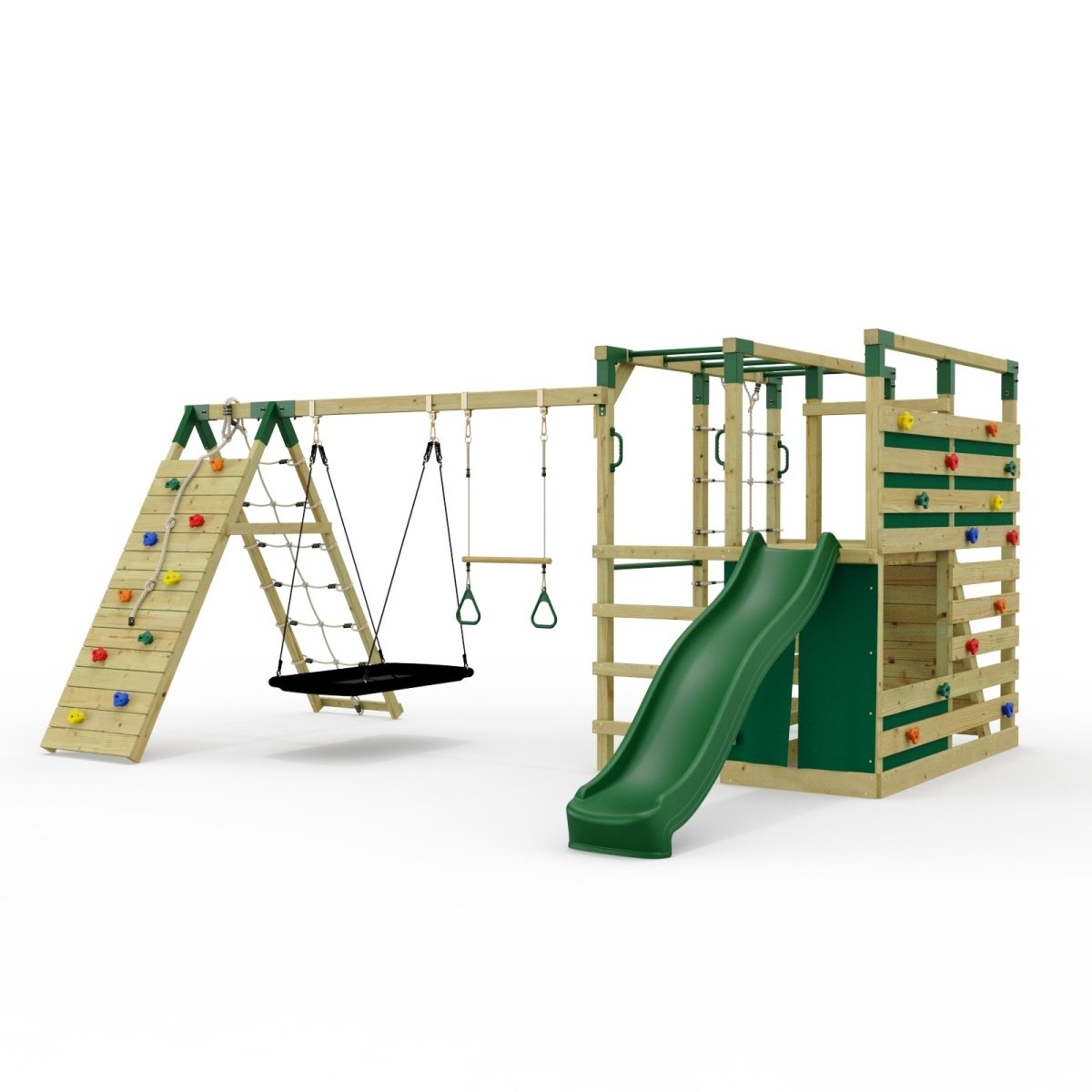 NinjaPlay Climbing Frame Double Swing Set with Climbing Wall and Slide