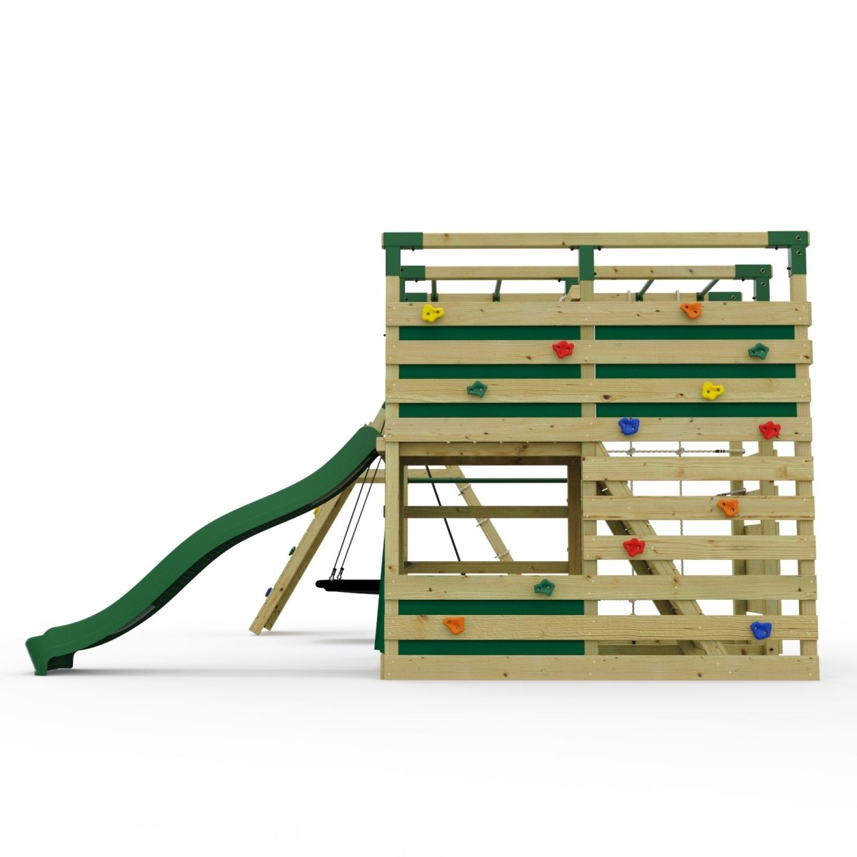 NinjaPlay Climbing Frame Double Swing Set with Climbing Wall and Slide