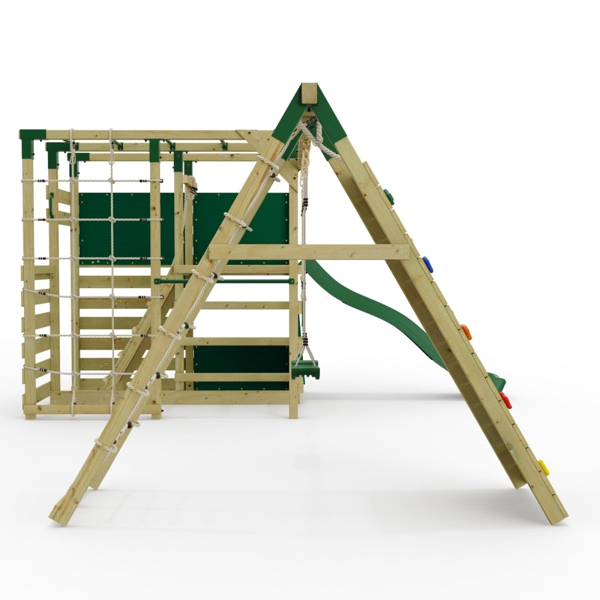 NinjaPlay Climbing Frame Double Swing Set with Climbing Wall and Slide