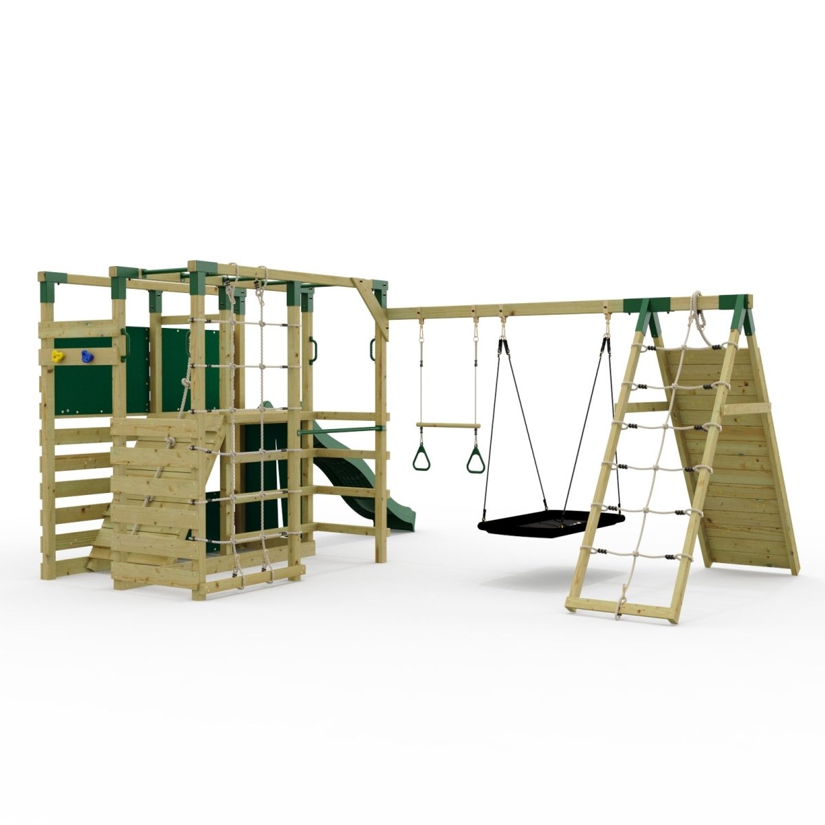 NinjaPlay Climbing Frame Double Swing Set with Climbing Wall and Slide