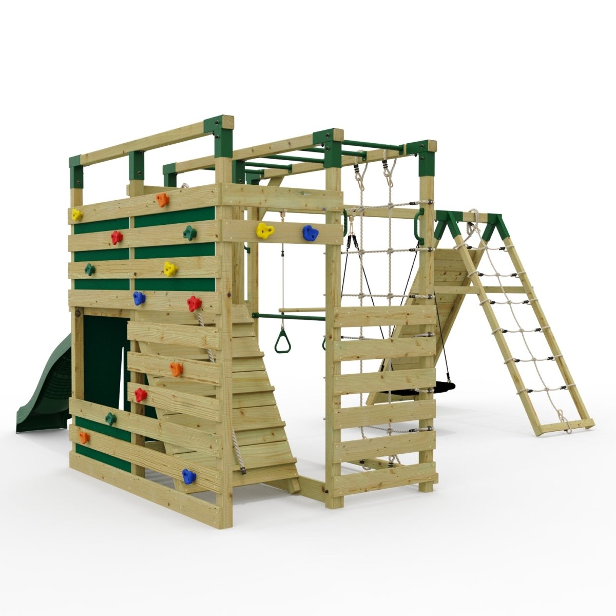 NinjaPlay Climbing Frame Double Swing Set with Climbing Wall and Slide