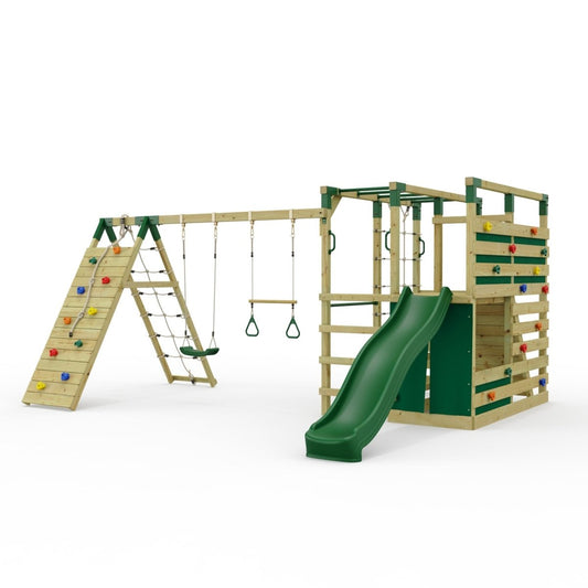 NinjaPlay Climbing Frame Double Swing Set with Climbing Wall and Slide