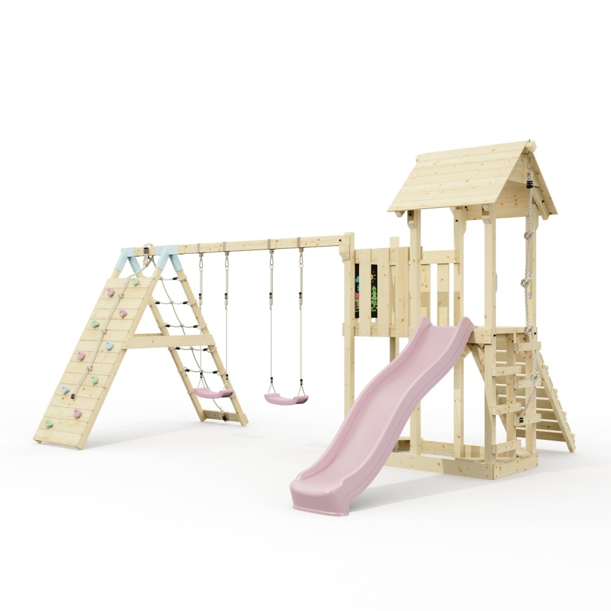 Polarplay Climbing Frame with Extended Tower, Double Swing, Climbing Wall and Slide - Roskilde