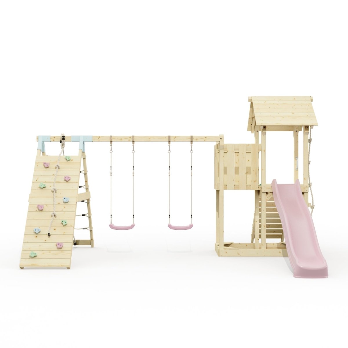 Polarplay Climbing Frame with Extended Tower, Double Swing, Climbing Wall and Slide - Roskilde