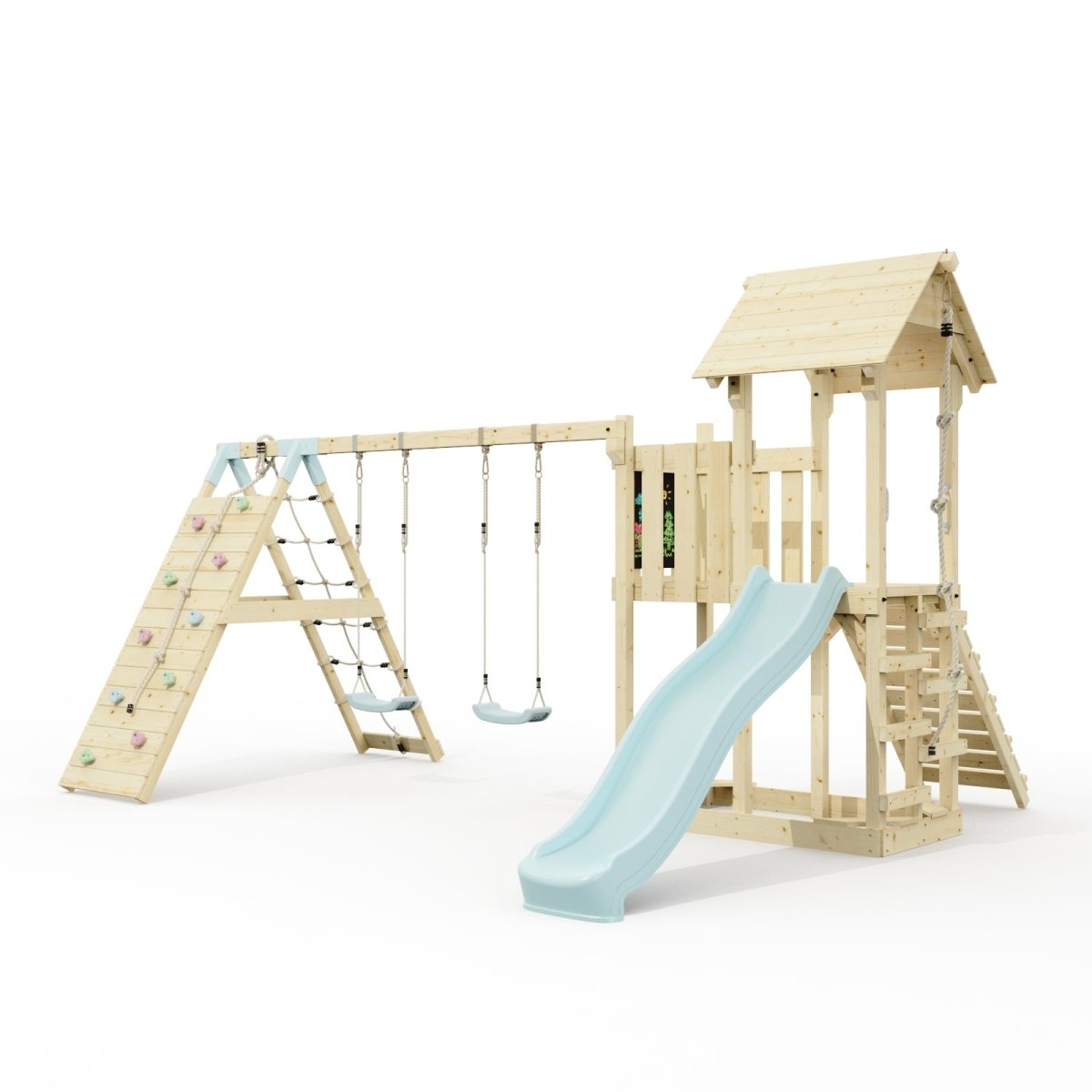 Polarplay Climbing Frame with Extended Tower, Double Swing, Climbing Wall and Slide - Roskilde