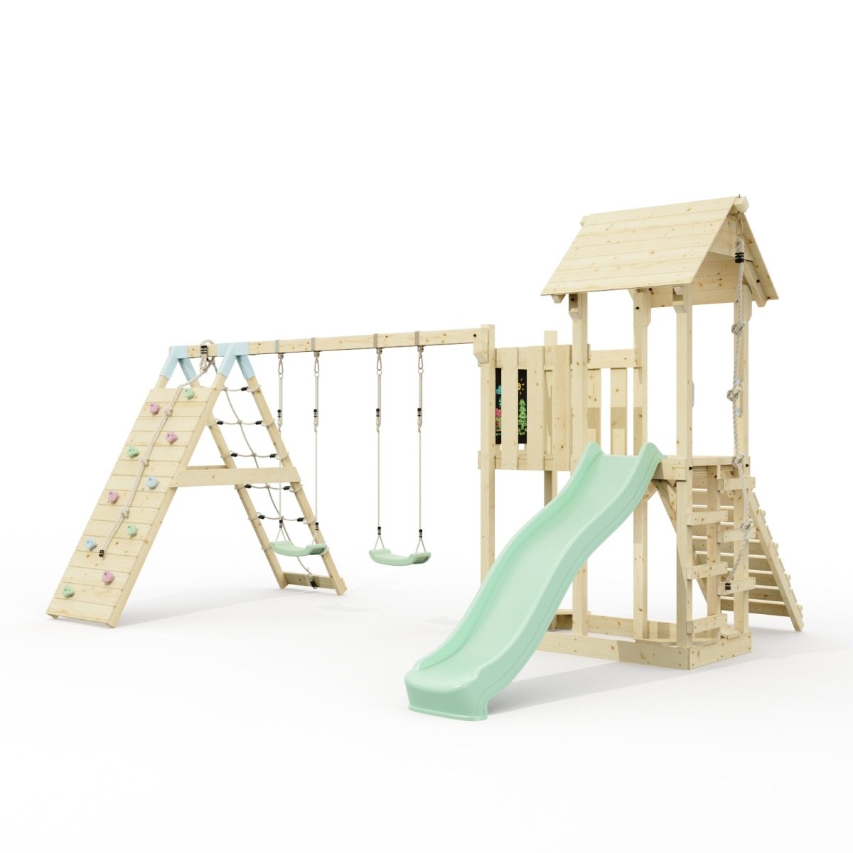 Polarplay Climbing Frame with Extended Tower, Double Swing, Climbing Wall and Slide - Roskilde