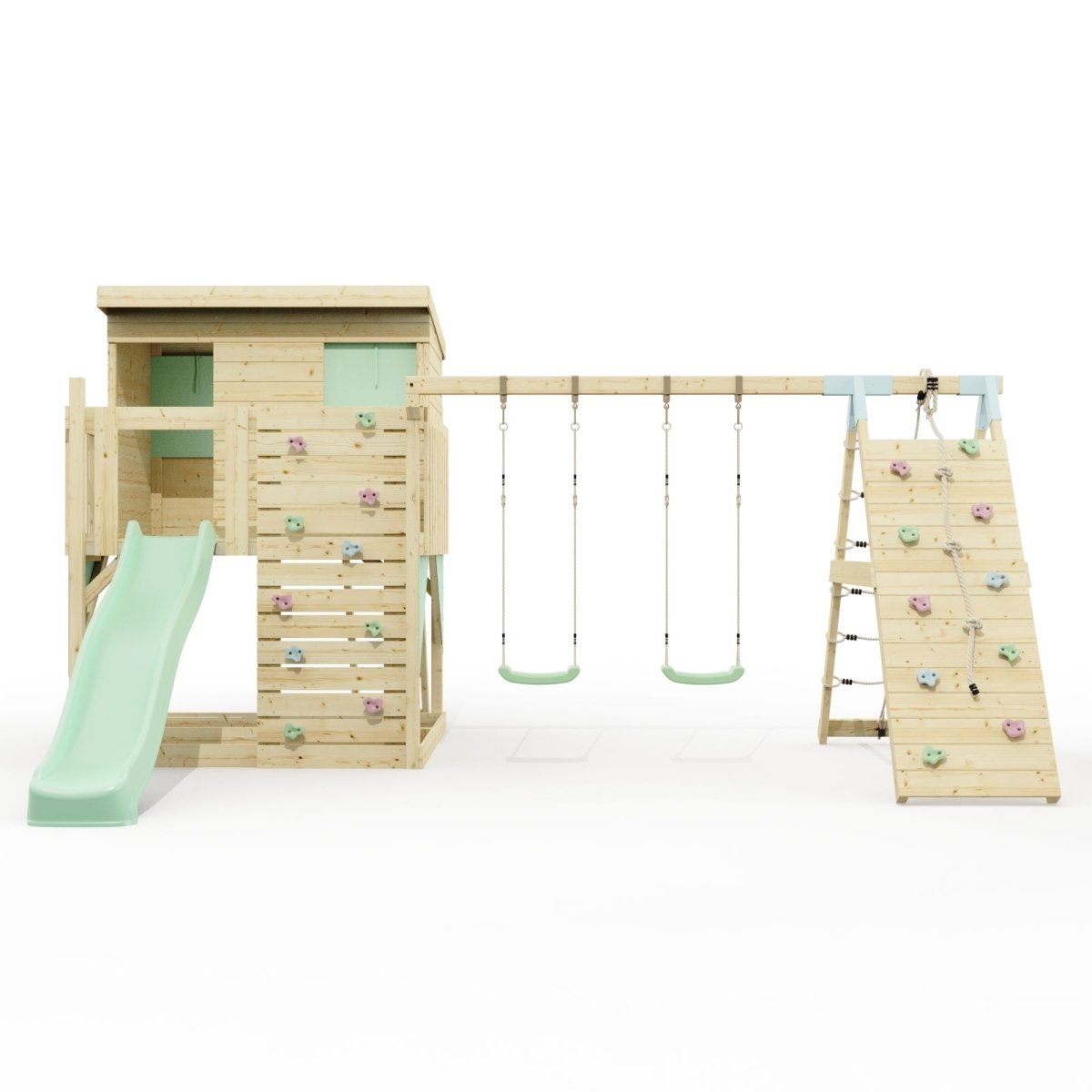 PolarPlay Climbing Platform and Playhouse with Double Swing, Climbing Wall and Slide - Aksel