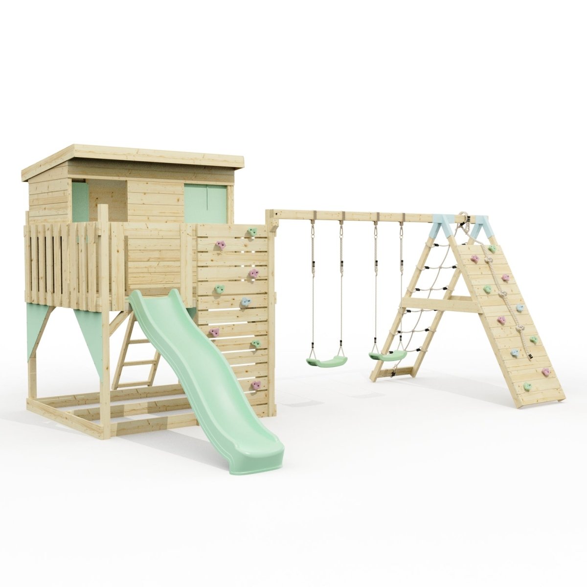 PolarPlay Climbing Platform and Playhouse with Double Swing, Climbing Wall and Slide - Aksel