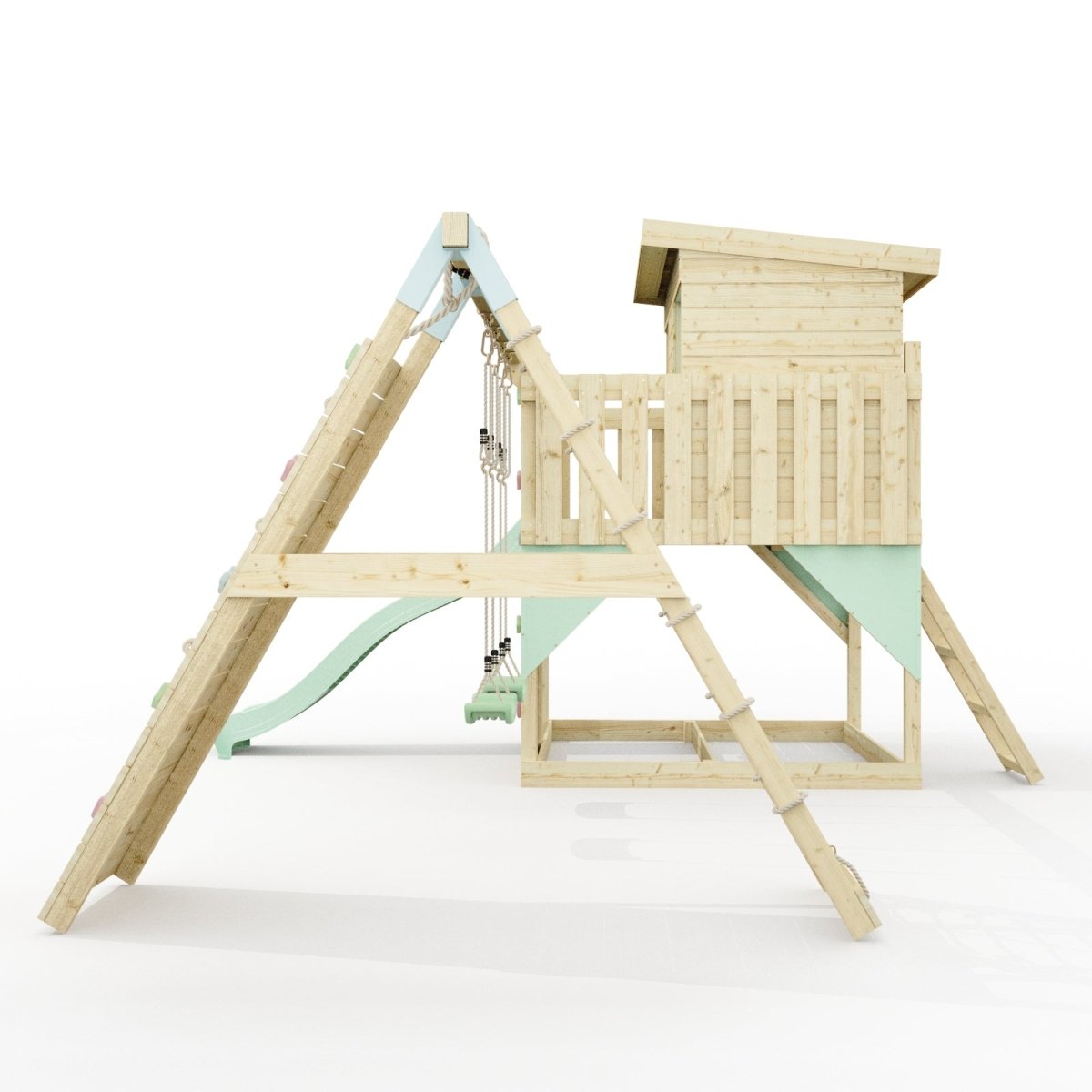 PolarPlay Climbing Platform and Playhouse with Double Swing, Climbing Wall and Slide - Aksel