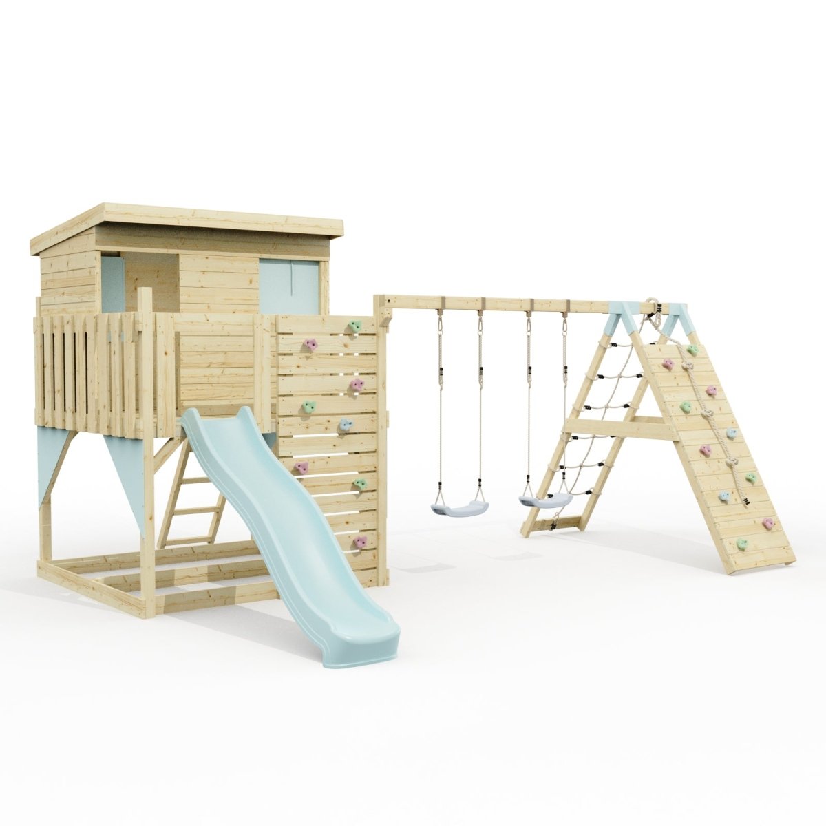 PolarPlay Climbing Platform and Playhouse with Double Swing, Climbing Wall and Slide - Aksel