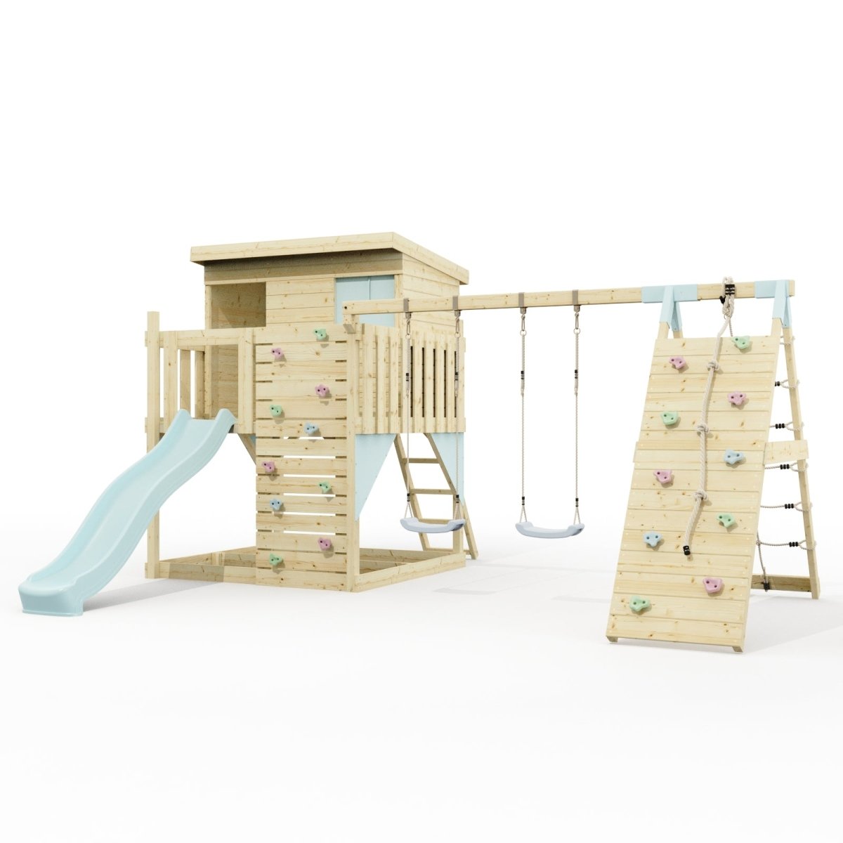 PolarPlay Climbing Platform and Playhouse with Double Swing, Climbing Wall and Slide - Aksel