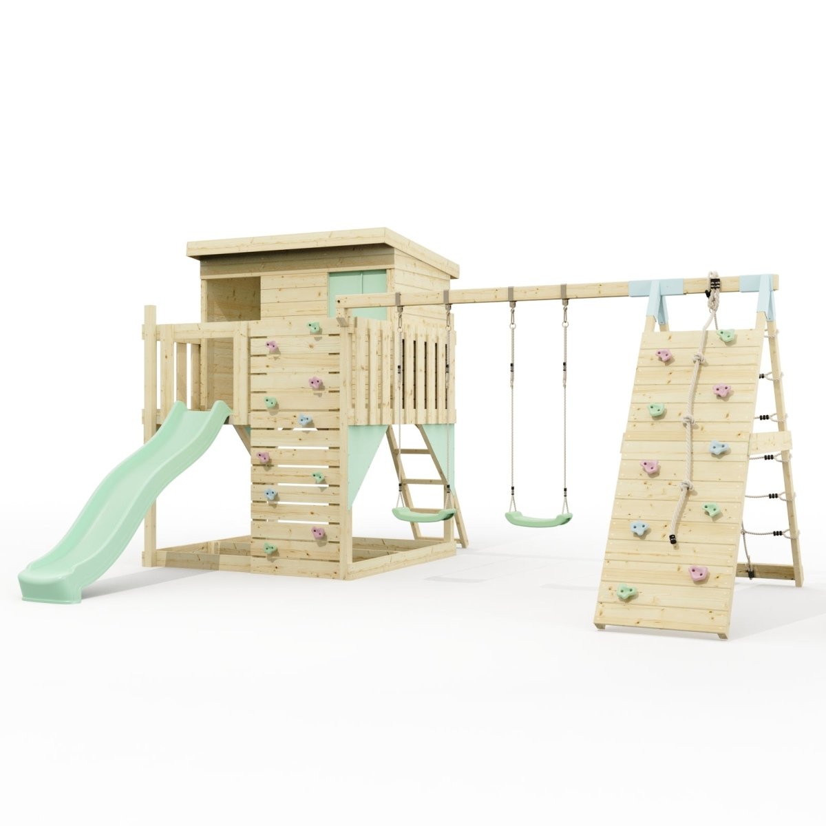 PolarPlay Climbing Platform and Playhouse with Double Swing, Climbing Wall and Slide - Aksel