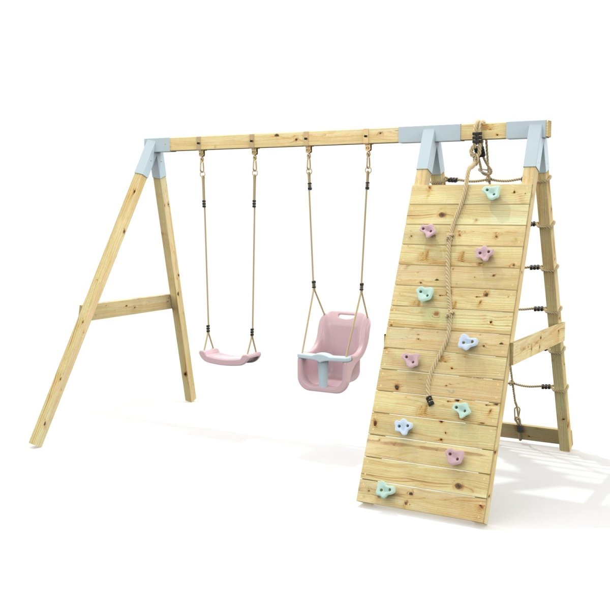 PolarPlay Premium Double Swing Set with Climbing Wall