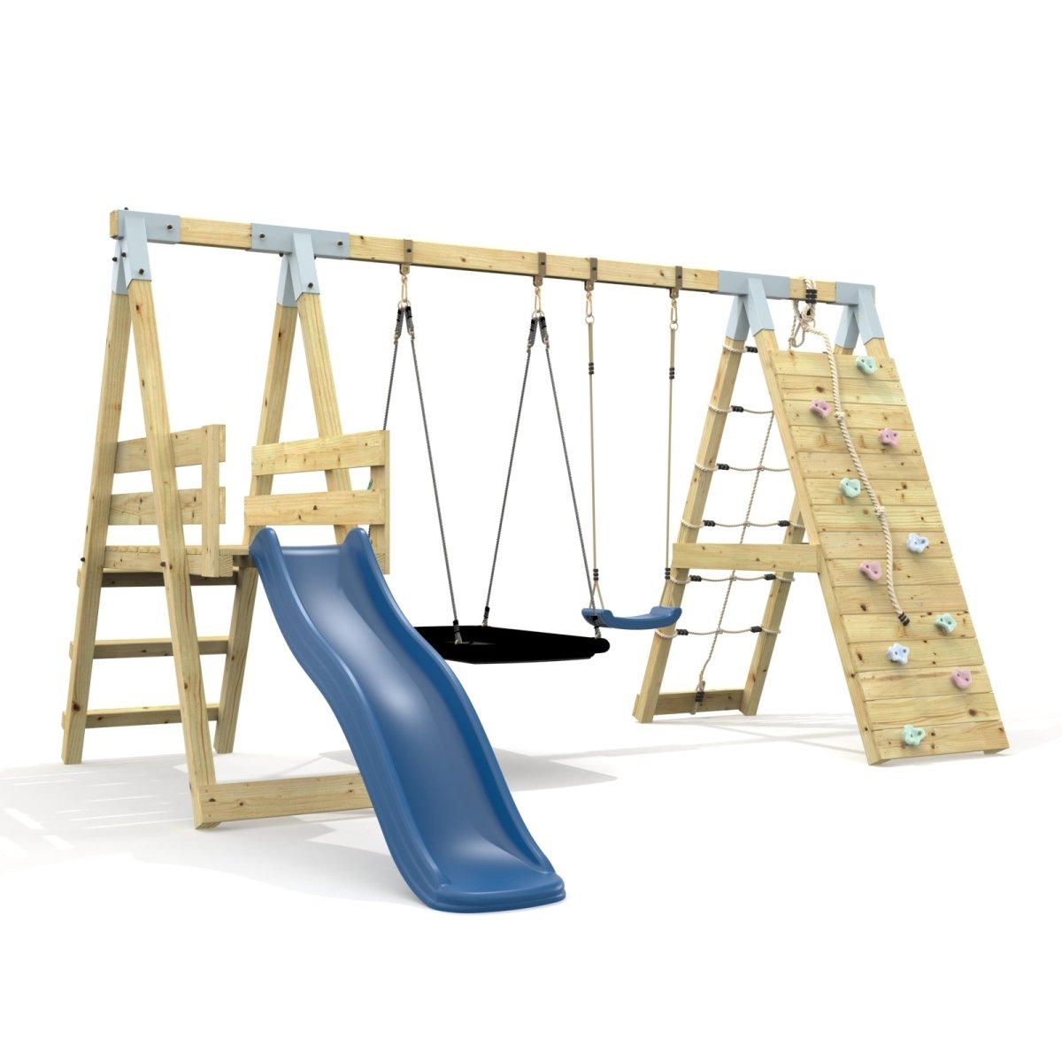 PolarPlay Premium Double Swing Set with Climbing Wall and Slide
