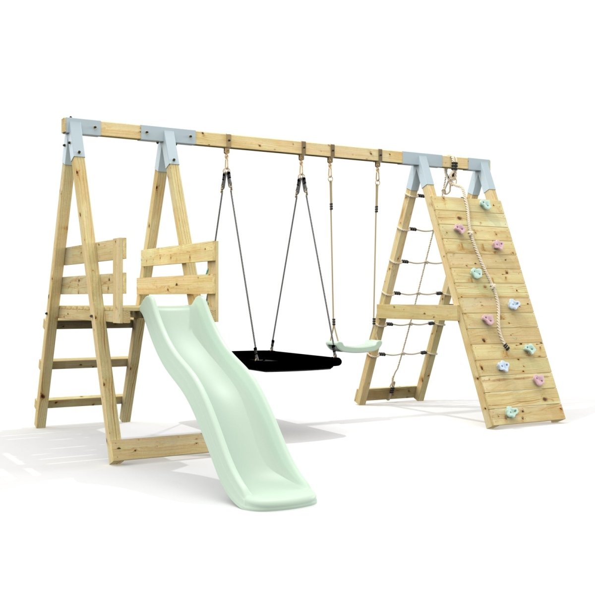 PolarPlay Premium Double Swing Set with Climbing Wall and Slide