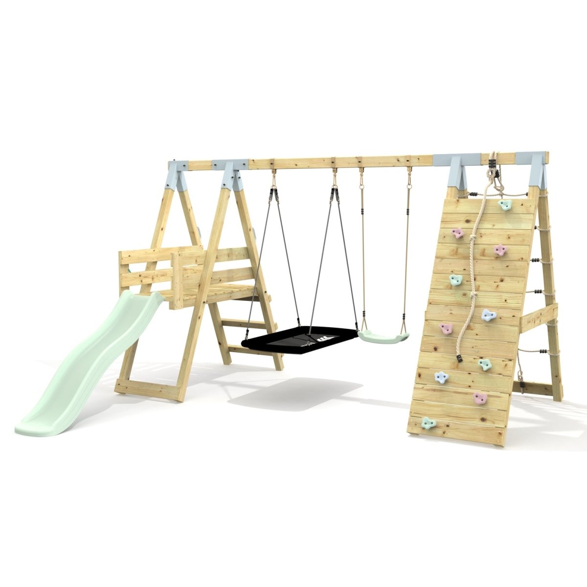 PolarPlay Premium Double Swing Set with Climbing Wall and Slide