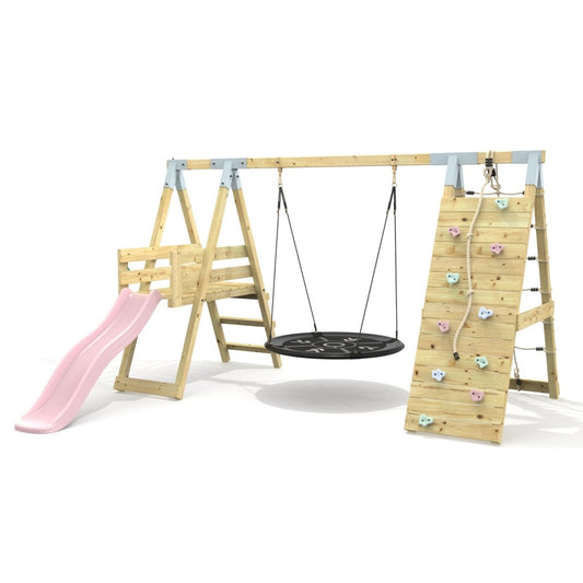 PolarPlay Premium Single Swing Set with Climbing Wall and Slide