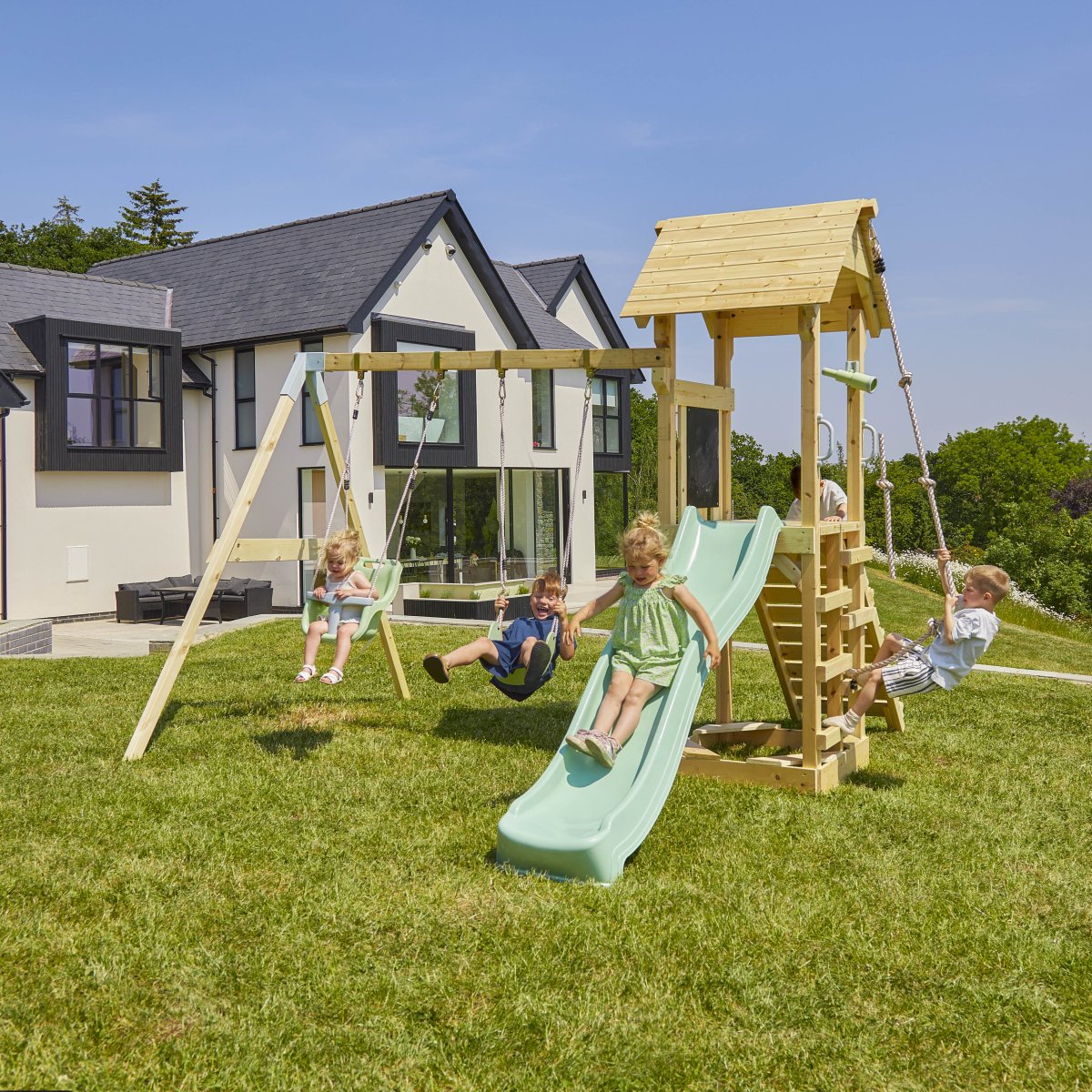 PolarPlay Tower Kids Wooden Climbing Frame - Swing Olavo Sage