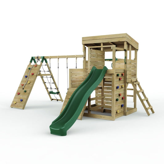 ClassicPlay Sentinel XL Lookout Tower with 3 Decks, Double Swing, Monkey Bars, Climbing Wall and Slide