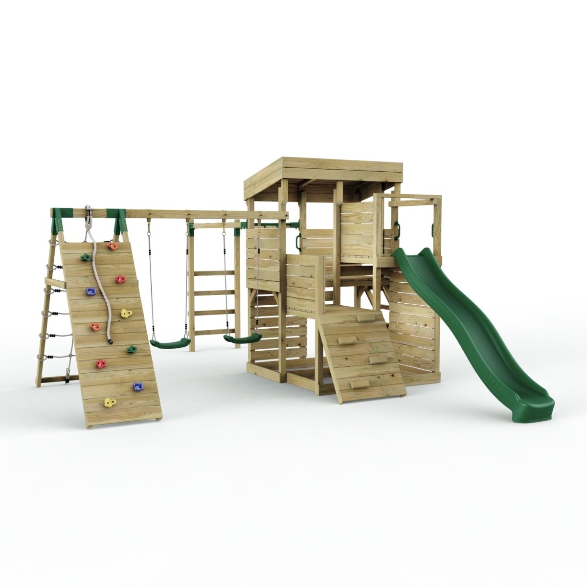 ClassicPlay Sentinel XL Lookout Tower with 3 Decks, Double Swing, Monkey Bars, Climbing Wall and Slide