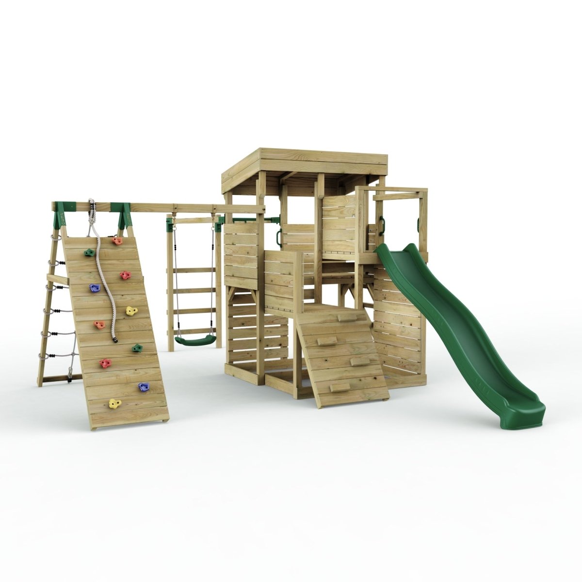 ClassicPlay Sentinel XL Lookout Tower with 3 Decks, Single Swing, Monkey Bars, Climbing Wall and Slide