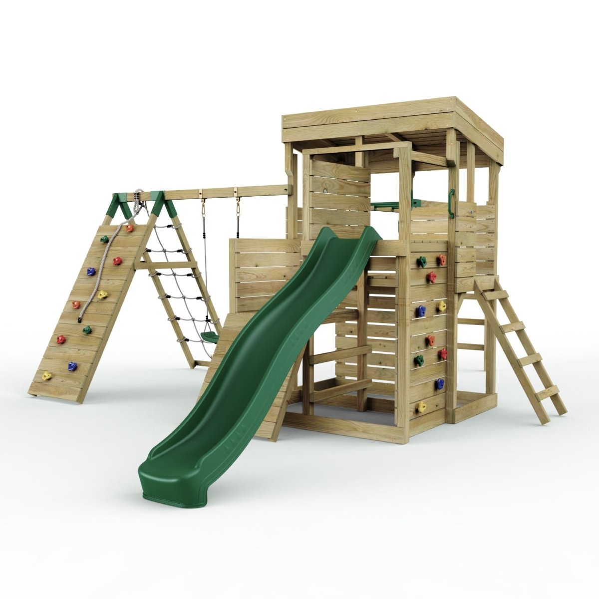 ClassicPlay Sentinel XL Lookout Tower with 3 Decks, Single Swing, Monkey Bars, Climbing Wall and Slide