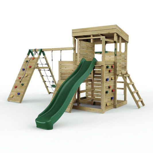 ClassicPlay Sentinel XL Lookout Tower with 3 Decks, Single Swing, Monkey Bars, Climbing Wall and Slide