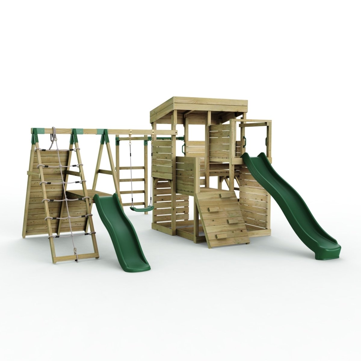 ClassicPlay Sentinel XL Lookout Tower with 3 Decks, Single Swing, Monkey Bars, Climbing Wall and Slides