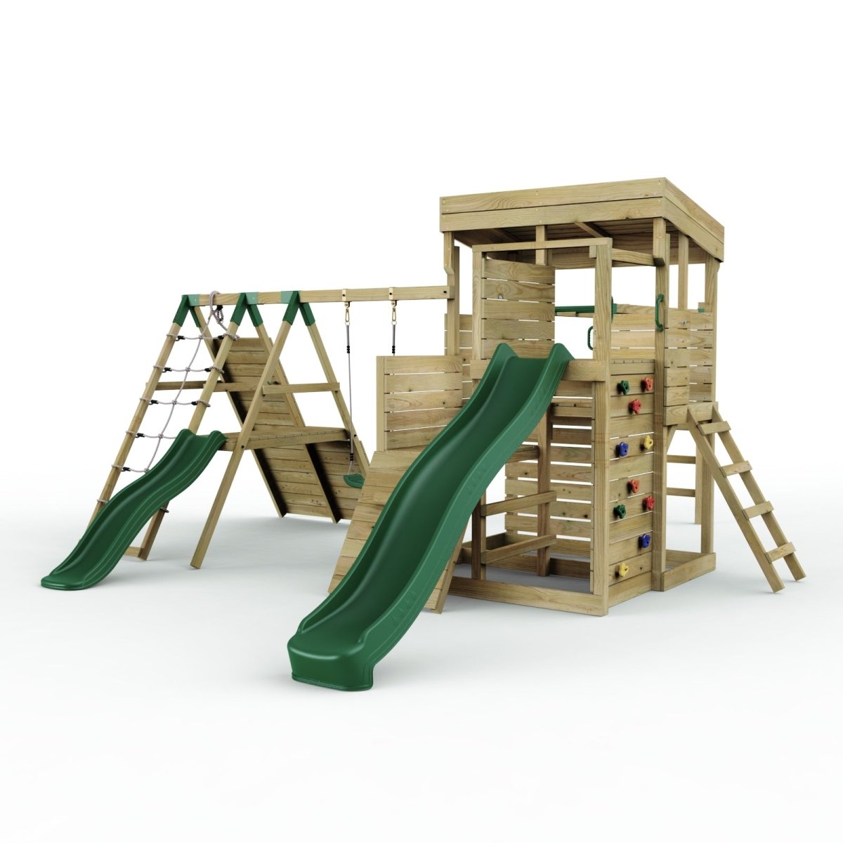 ClassicPlay Sentinel XL Lookout Tower with 3 Decks, Single Swing, Monkey Bars, Climbing Wall and Slides
