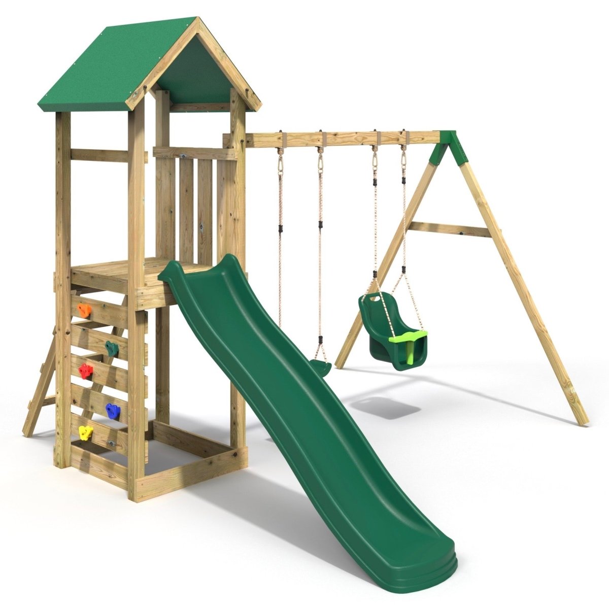 Rebo Adventure Wooden Climbing Frame, Swing Set and Slide - Rainier Green