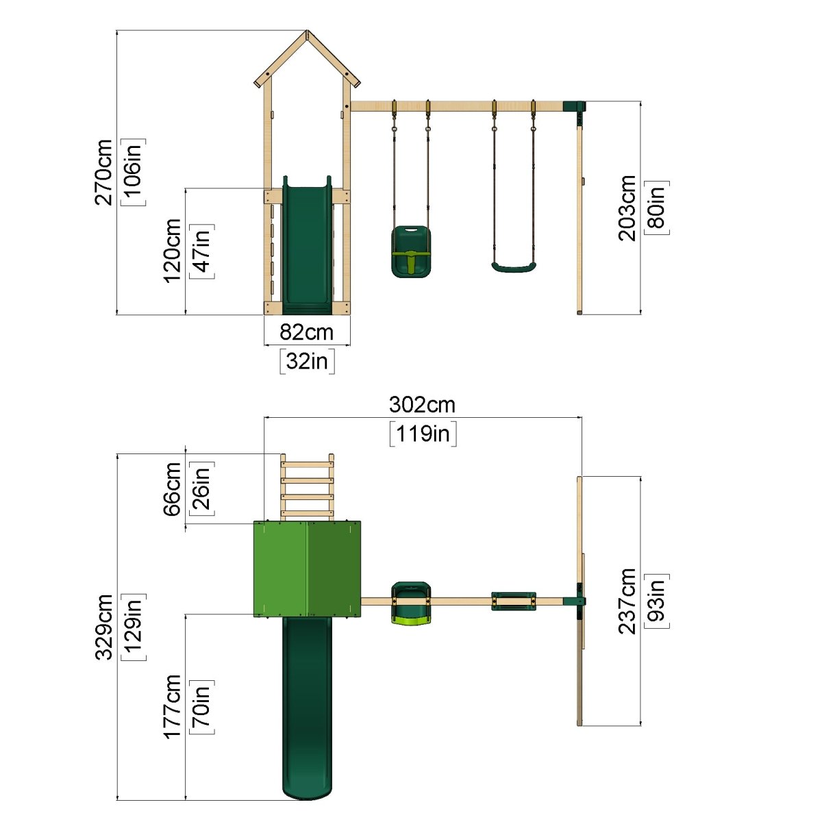 Rebo Adventure Wooden Climbing Frame, Swing Set and Slide - Rainier Green