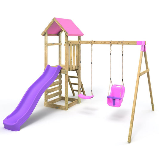 Rebo Adventure Wooden Climbing Frame, Swing Set and Slide - Rainier Pink