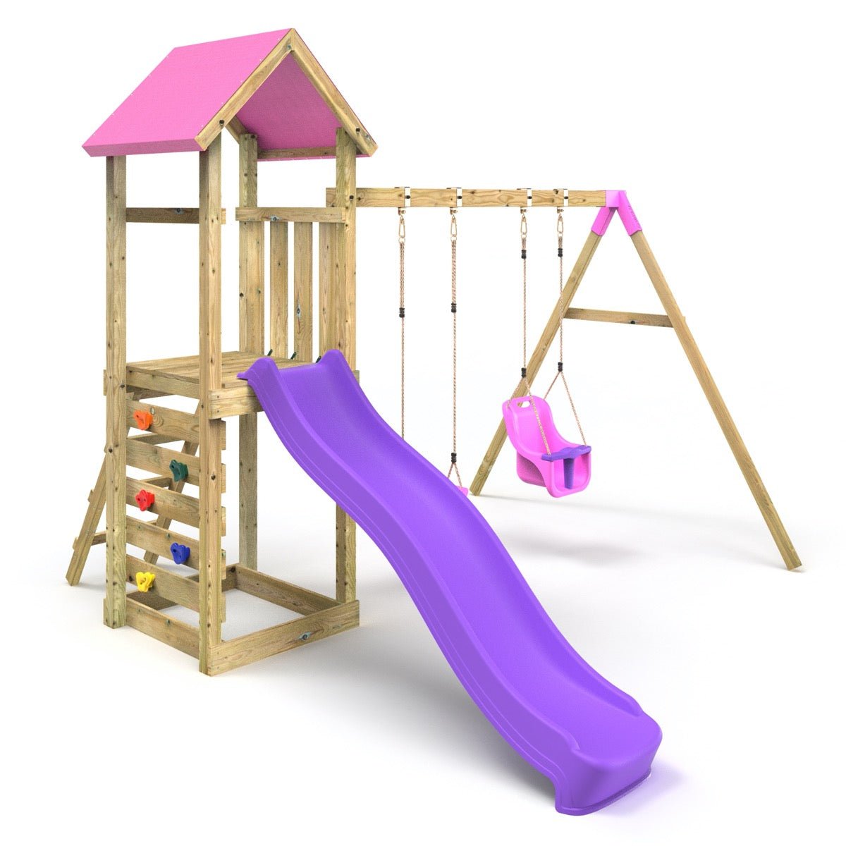 Rebo Adventure Wooden Climbing Frame, Swing Set and Slide - Rainier Pink