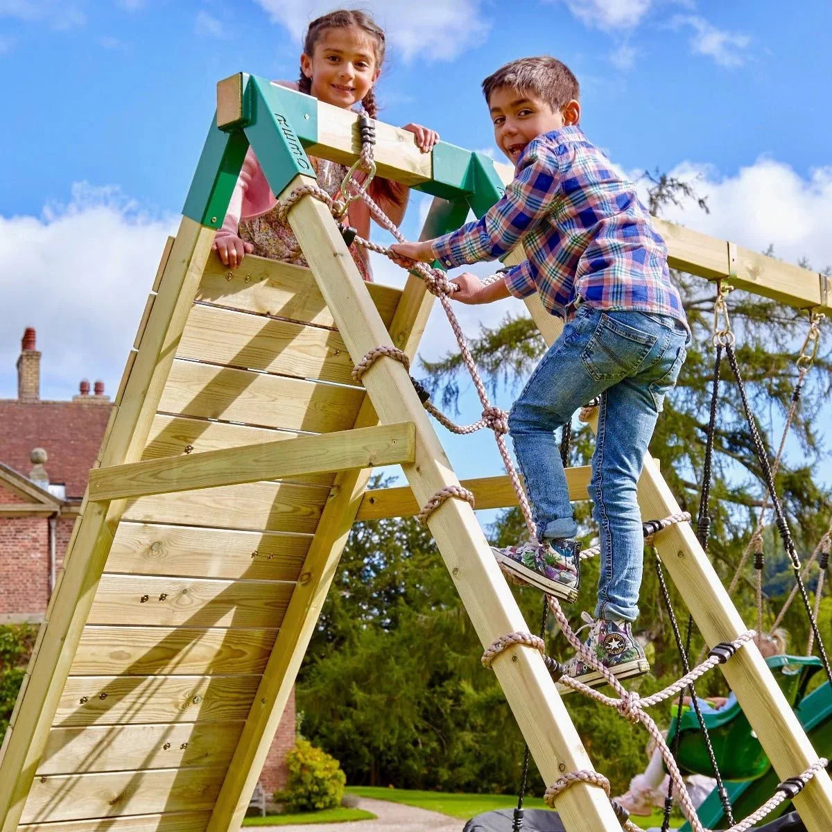 Rebo Climbing Frame with Double Swing and Slide plus Climbing Wall and Ninja Monkey Bars - Dolomite