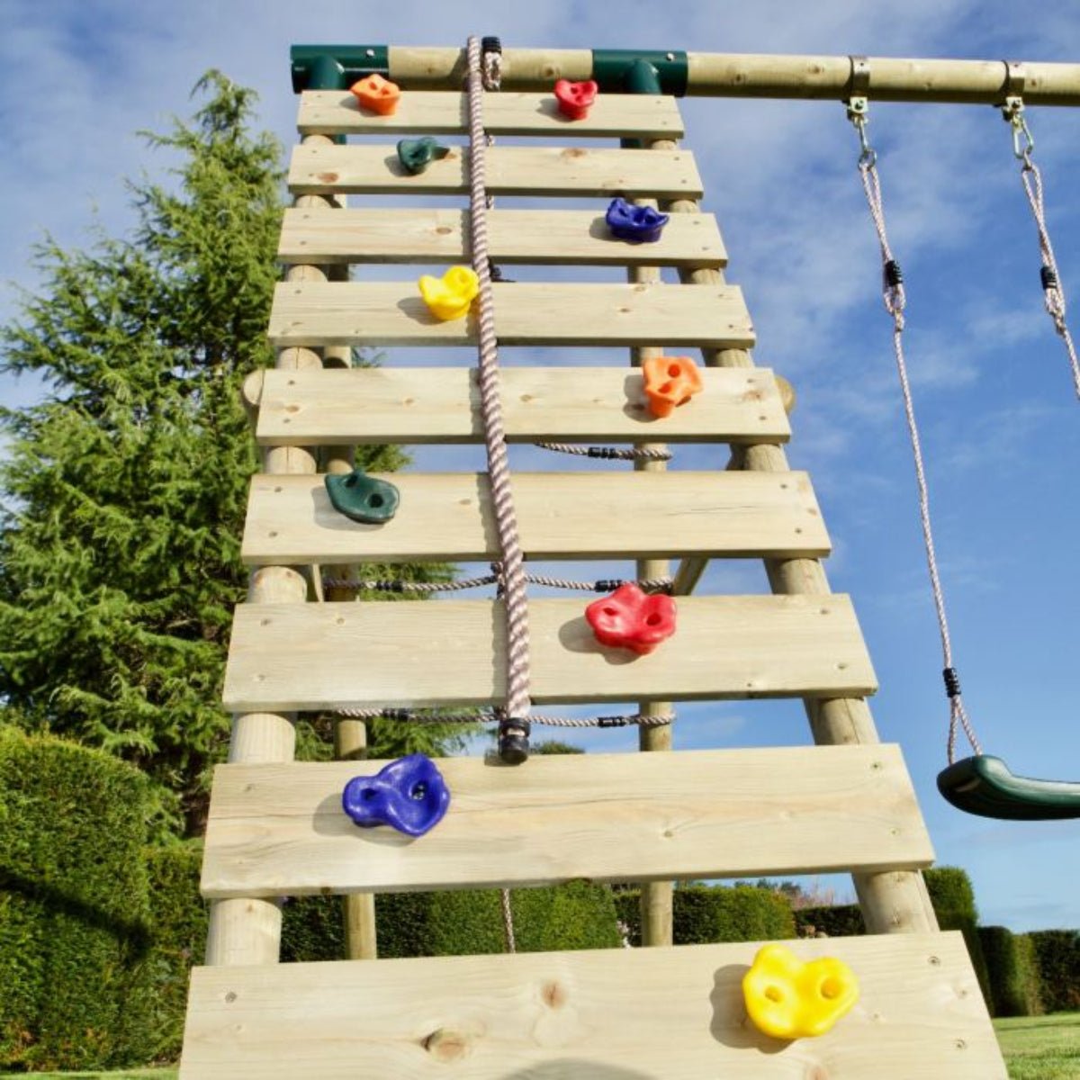 Rebo Double Swing Set with Climbing Wall - Vale Purple