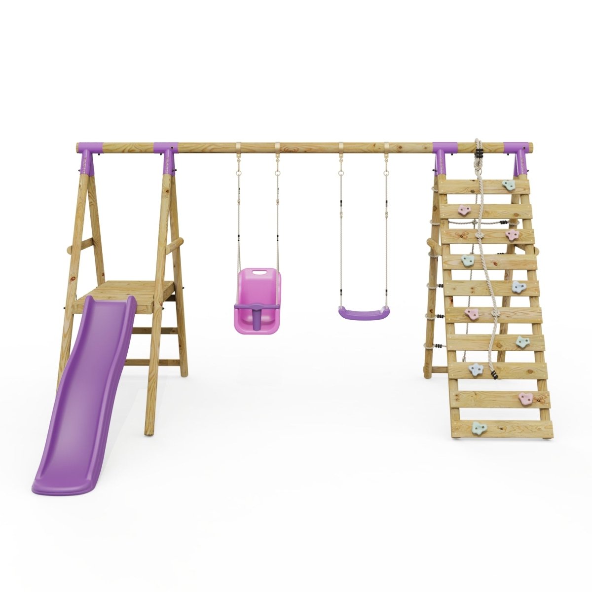 Rebo Double Swing Set with Climbing Wall and Slide - Moonstone Purple