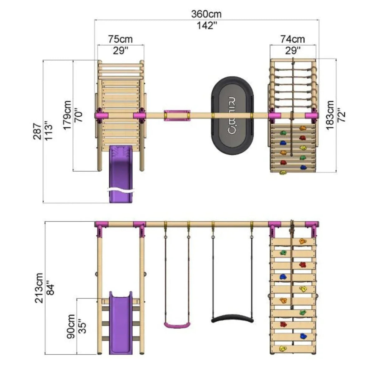 Rebo Double Swing Set with Climbing Wall and Slide - Quartz Purple
