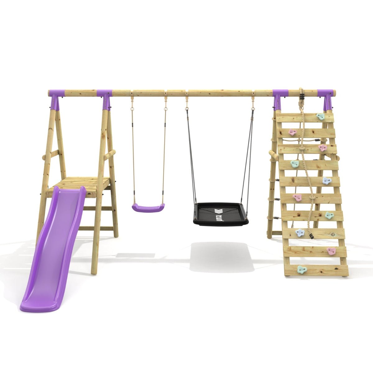 Rebo Double Swing Set with Climbing Wall and Slide - Quartz Purple