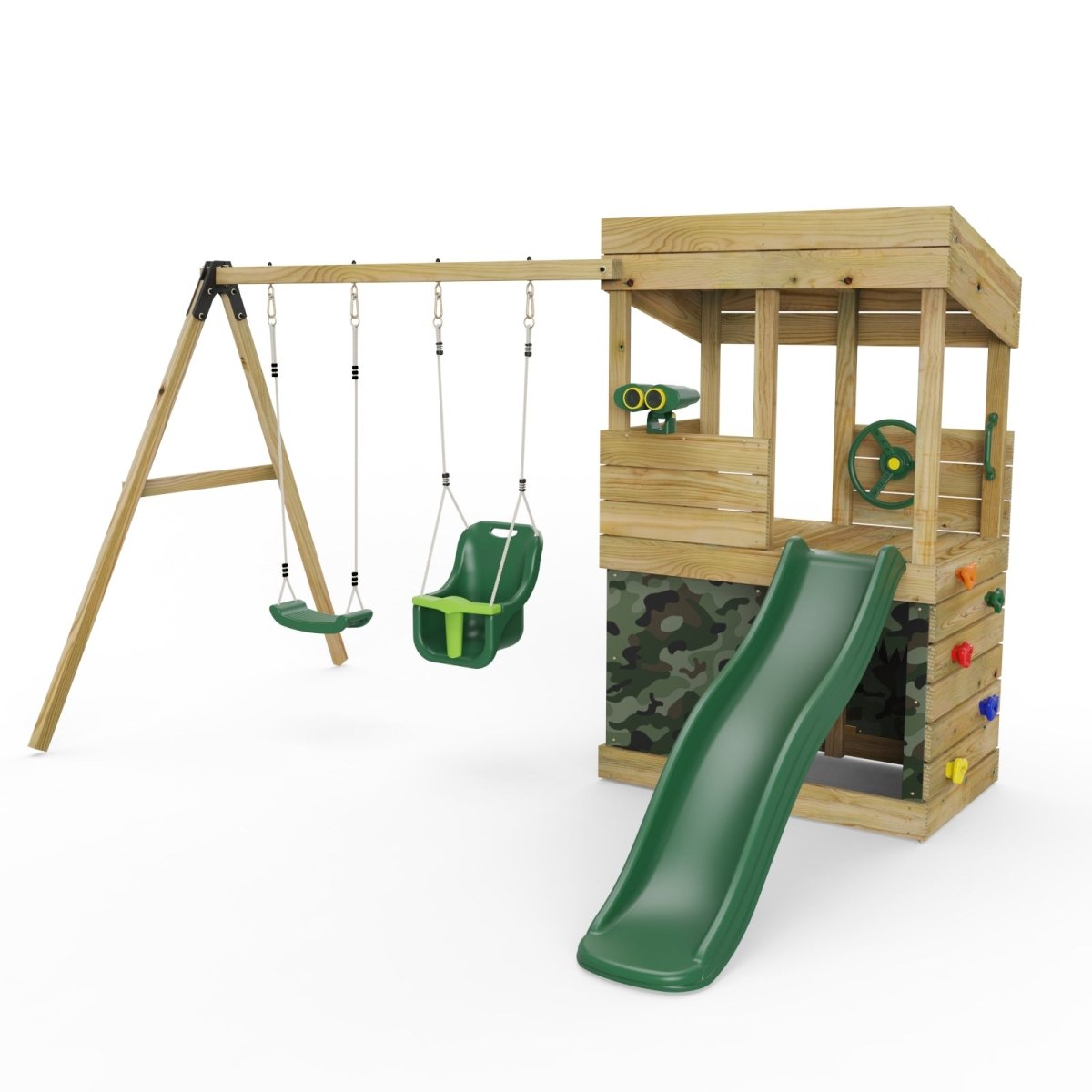 ClassicPlay Premium Lookout Tower With 0.9m Deck, Double Swing, Slide, Adventure and Camouflage Den Packs