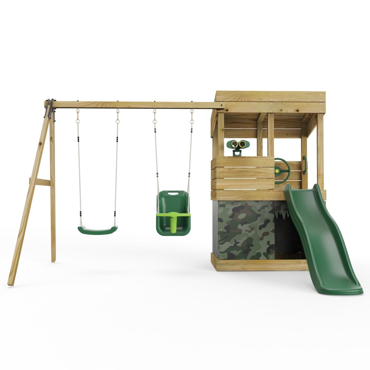 ClassicPlay Premium Lookout Tower With 0.9m Deck, Double Swing, Slide, Adventure and Camouflage Den Packs