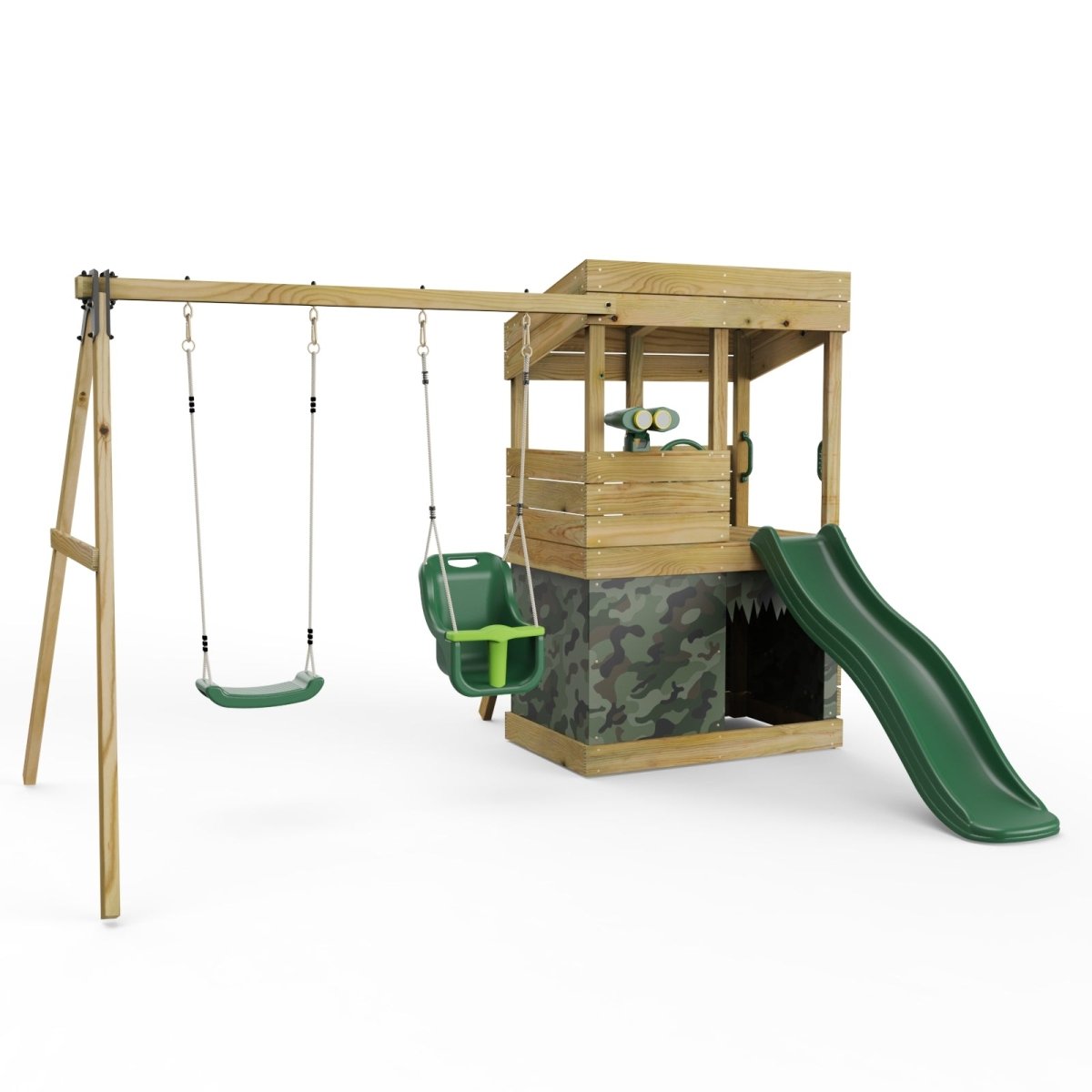 ClassicPlay Premium Lookout Tower With 0.9m Deck, Double Swing, Slide, Adventure and Camouflage Den Packs