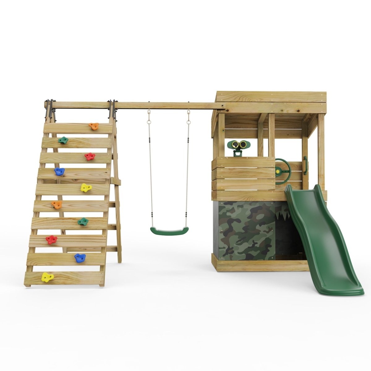 ClassicPlay Premium Lookout Tower With 0.9m Deck, Single Swing, Slide, Climbing Wall, Adventure and Camouflage Den Packs