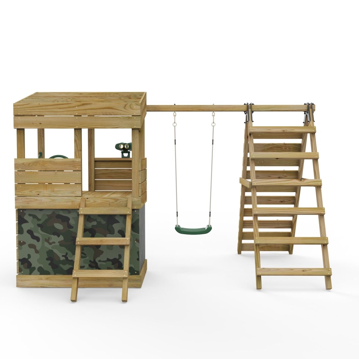 ClassicPlay Premium Lookout Tower With 0.9m Deck, Single Swing, Slide, Climbing Wall, Adventure and Camouflage Den Packs