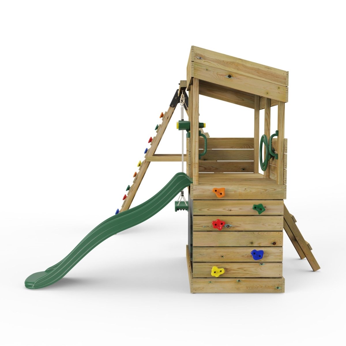 ClassicPlay Premium Lookout Tower With 0.9m Deck, Single Swing, Slide, Climbing Wall, Adventure and Camouflage Den Packs