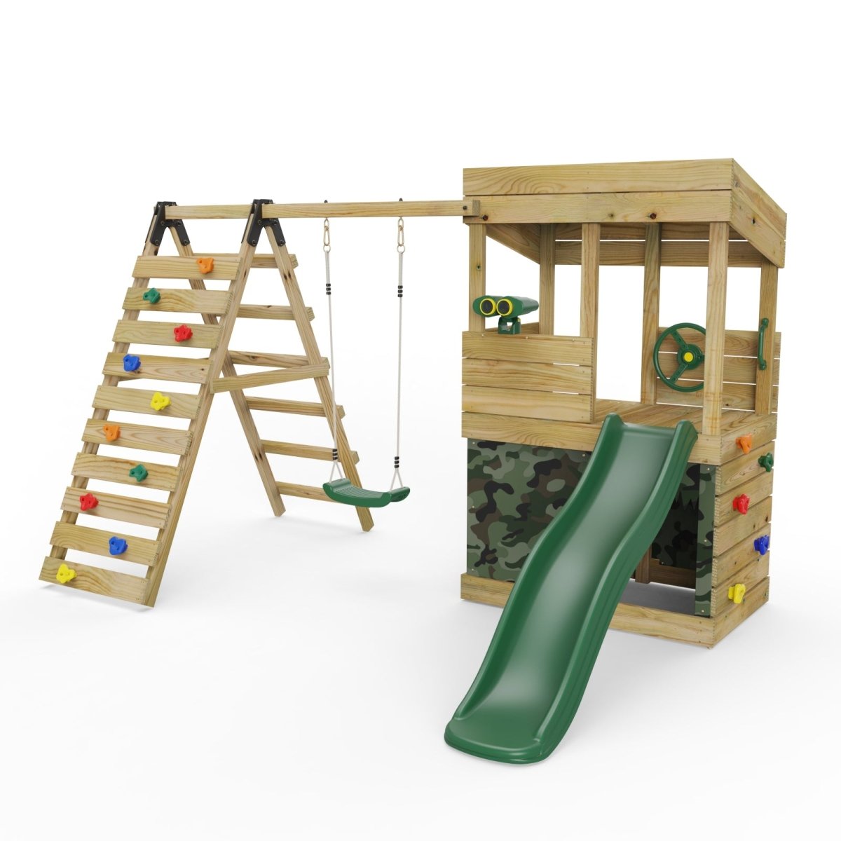 ClassicPlay Premium Lookout Tower With 0.9m Deck, Single Swing, Slide, Climbing Wall, Adventure and Camouflage Den Packs