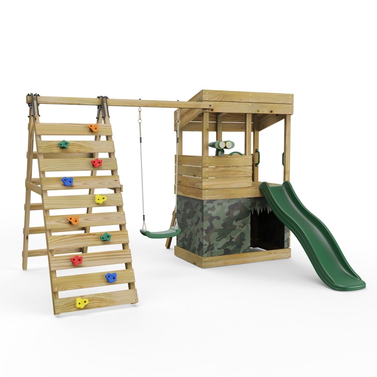 ClassicPlay Premium Lookout Tower With 0.9m Deck, Single Swing, Slide, Climbing Wall, Adventure and Camouflage Den Packs