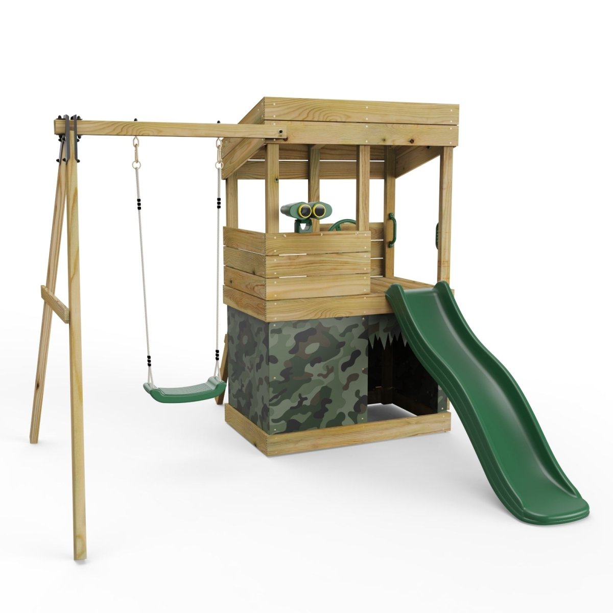 ClassicPlay Premium Lookout Tower With 0.9m Deck, Single Swing, Slide, Adventure and Camouflage Den Packs