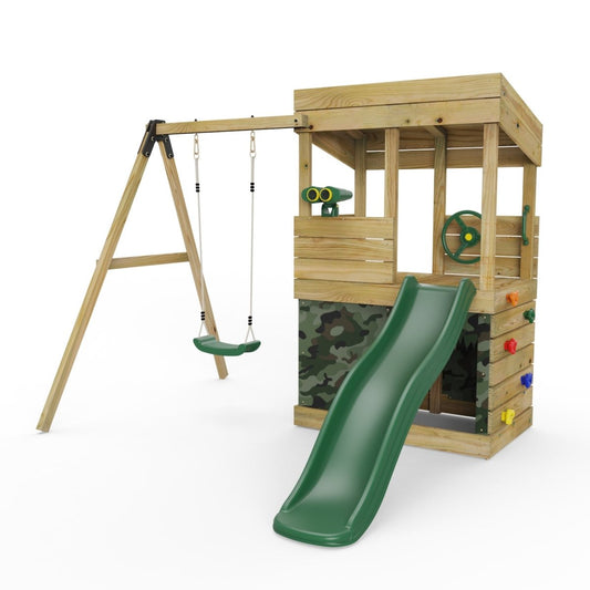 ClassicPlay Premium Lookout Tower With 0.9m Deck, Single Swing, Slide, Adventure and Camouflage Den Packs